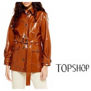 TOPSHOP Casey Faux Patent Leather Belted Jacket